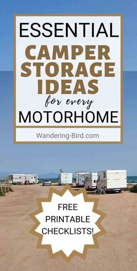 The BEST camper storage ideas and hacks for your motorhome. Want to improve space saving in your RV? Want to solutions for camper organization? These essential camper storage ideas will show you how to pack your RV and make the most of small storage areas. 19 great tips for RV kitchens, camper bathrooms, motorhome living areas and more. Learn the BEST camper storage ideas for RV living. #rvliving #camper #motorhome #storage #packing #rvlife