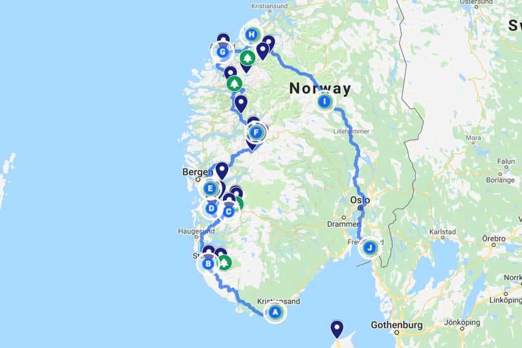 A detailed map of all our stops along our Norwegian road trip. 
