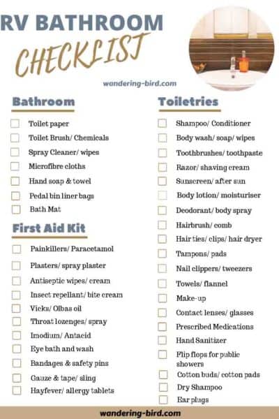 RV Bathroom essentials checklist- Packing a camper lists. 7 essential RV checklists to download and print at home.
