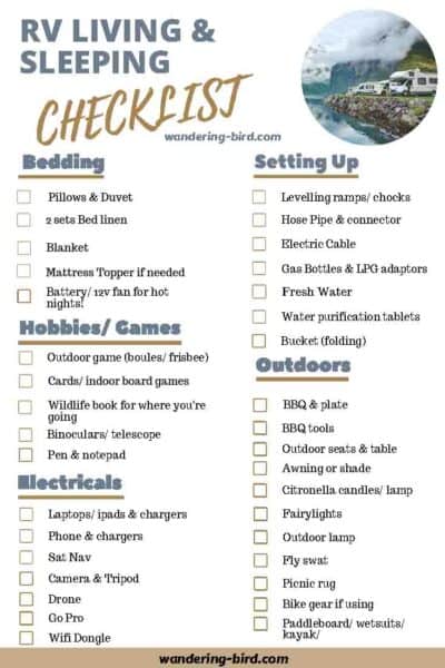 Motorhome Contents & RV Living essentials checklist- Packing a camper lists. 7 essential RV checklists to download and print at home.
