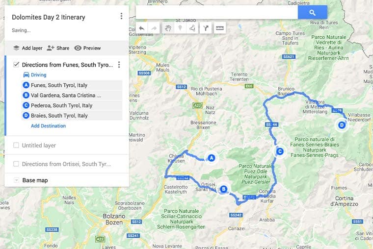Dolomites Itinerary for day two of your roadtrip- including map and route planner