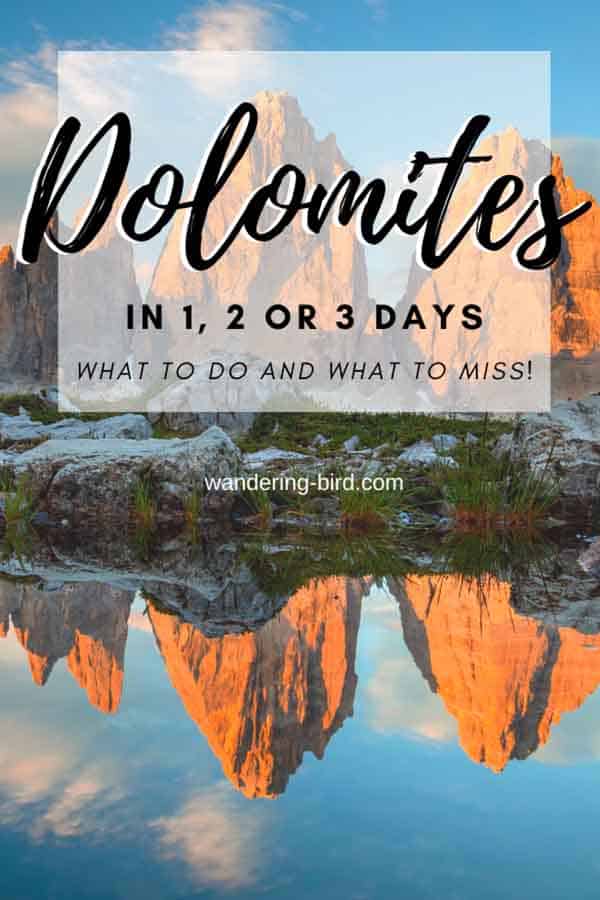 Dolomites Itinerary - the best itinerary for 1, 2 or 3 days in the Dolomites. If you only have time for a quick trip to the Dolomites, Italy, it's good to plan the best things to do- and the things you can miss! This Dolomites itinerary is perfect for summer, autumn or winter and includes hiking, lakes, photography tips, travel maps, routes and more! Use it to plan your PERFECT Dolomites trip. 