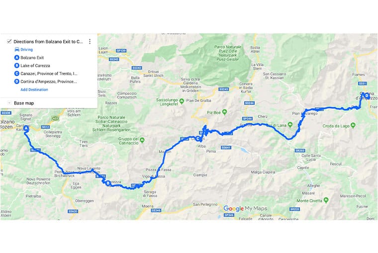 Great Dolomites road map and route planner Bolzano to Cortina via Pordoi Pass