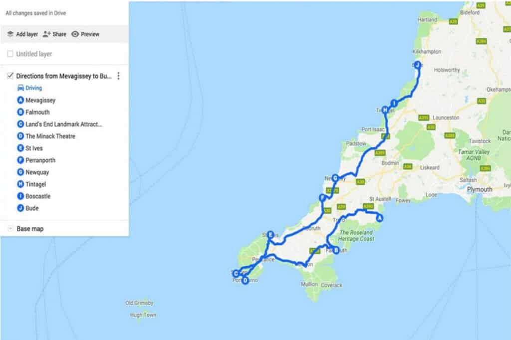 Cornwall UK Road Trip Map Itinerary- Cornwall Places to visit