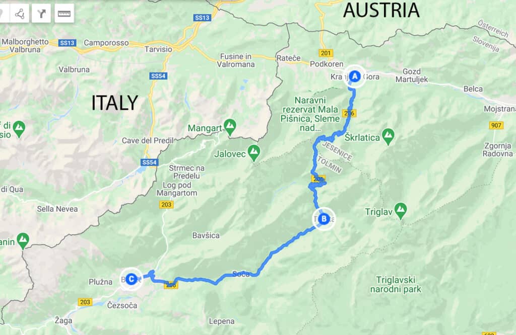 Map of the Vršič Pass and driving route